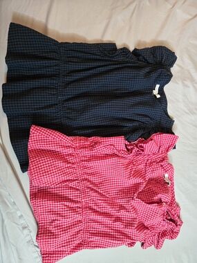 Women's Gingham Peplum Flutter Sleeve Blouses - Navy and Pink
